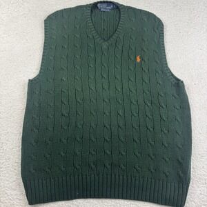Polo Ralph Lauren Green Large Pony Chunky Cable Pima Cotton Knit V-Neck Vest